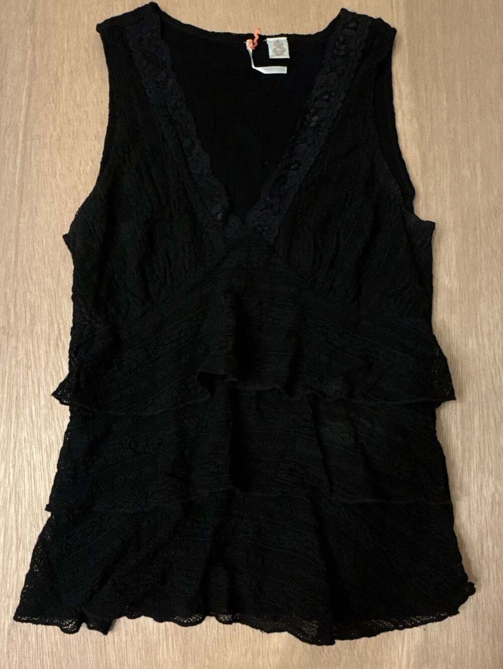 RicRac Black Sleeveless V-Neck Tiered Y2K Lace Ruffle Top